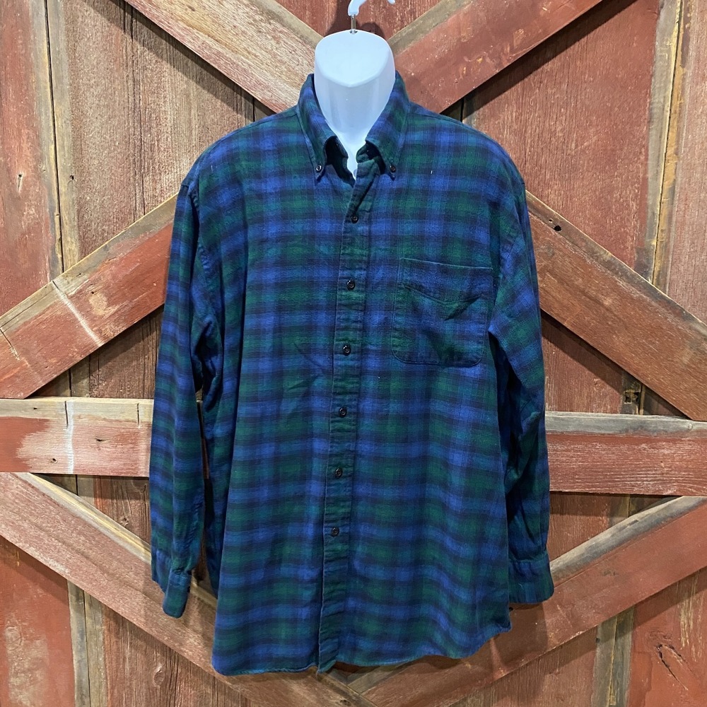 Britches Flannel Button-Down Plaid Shirt Mens XL Green Blue Camp Hiking Outdoors